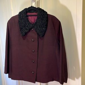 Vintage Wool Burgundy Jacket with Black Lamb Collar
